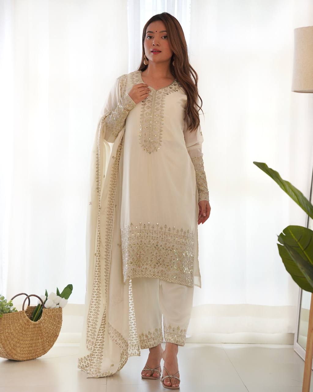 Teeya Creation White Color Chinon Silk Embroidery Work Fully Stitched pakistani Suit