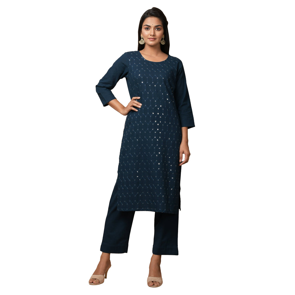 Kaajh Women's Blue Solid Sequin Embellishment Kurta