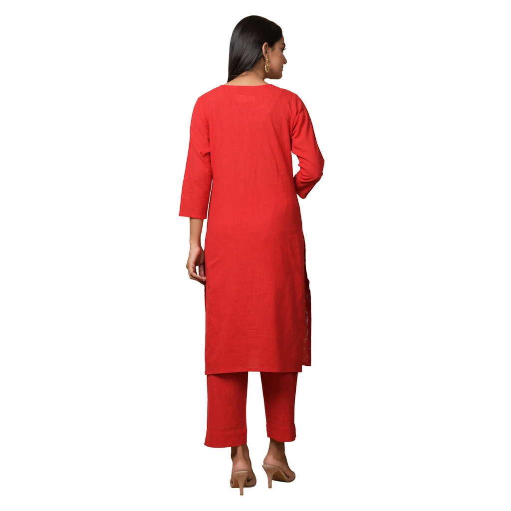 Kaajh Women's Red Solid Sequin Embellishment Kurta