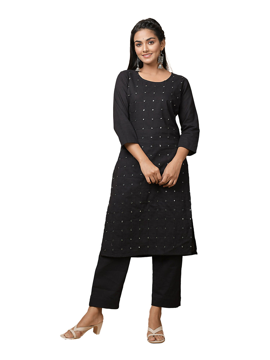 Kaajh Women's Black Solid Mirror Embellishment Kurta