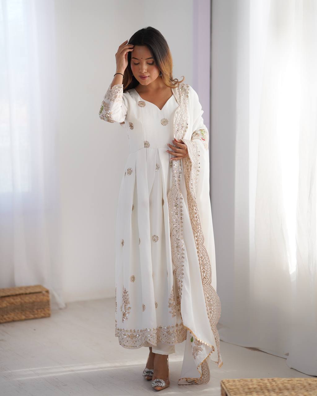 Teeya Creation White Color Chinnon Silk Heavy Embroidery Work Festival Wear Fully Stitched Gown