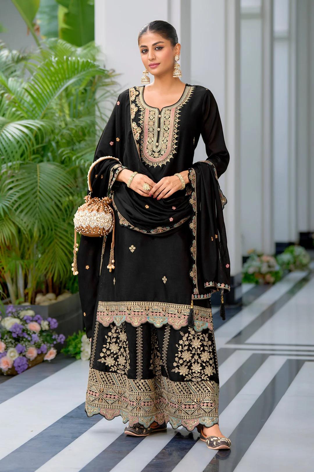 Teeya Creation Black Color Chinnon Silk Heavy Embroidery Work Festival Wear Fully Stitched Sharara Suit