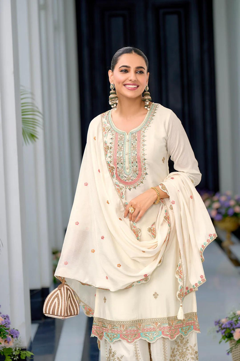 Teeya Creation White Color Chinnon Silk Heavy Embroidery Work Festival Wear Fully Stitched Sharara Suit