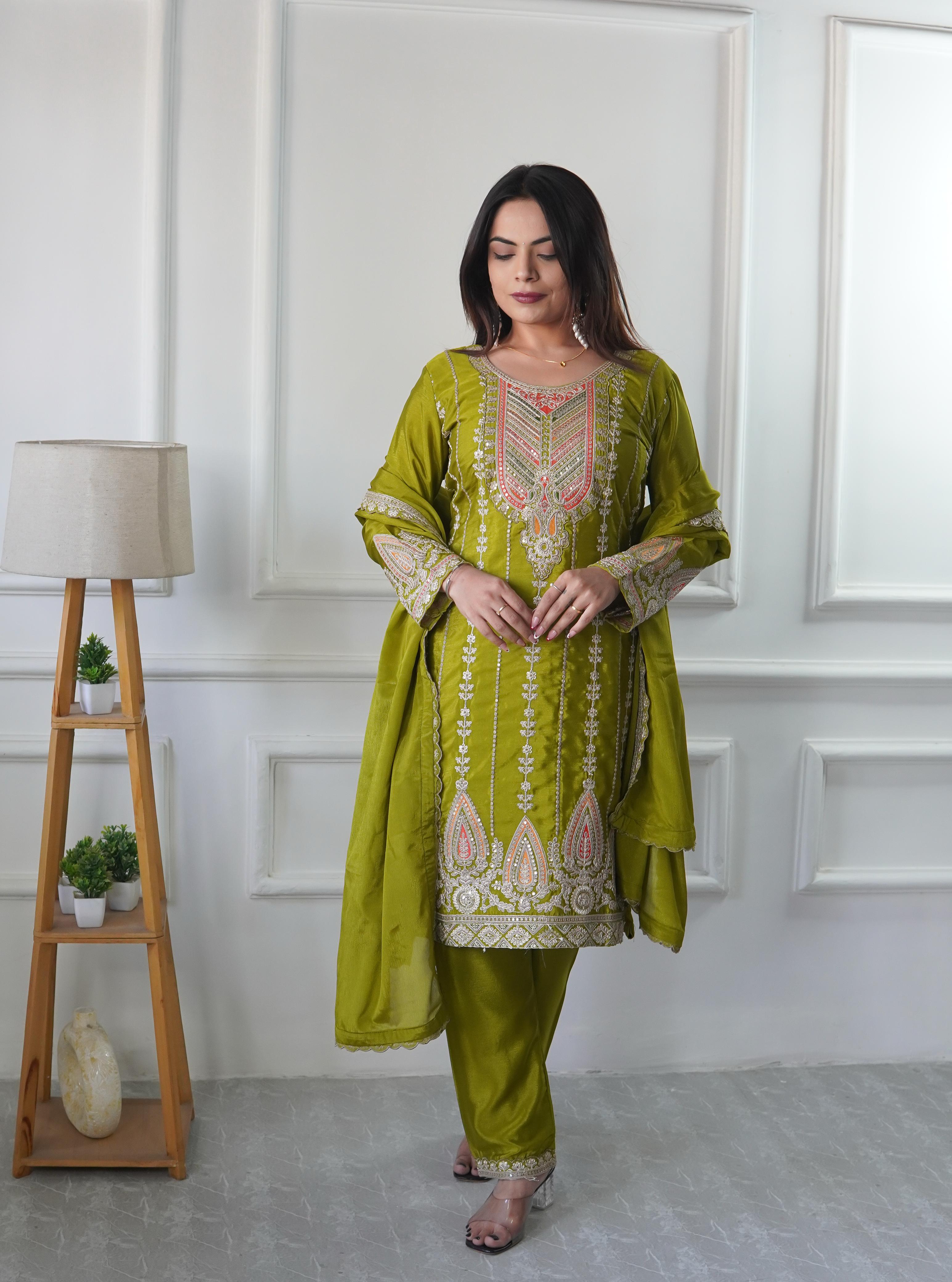 Teeya Creation Parrot Green Color Chinnon Silk Heavy Embroidery Work Pakistani Style Fully Stitched Salwar Suit
