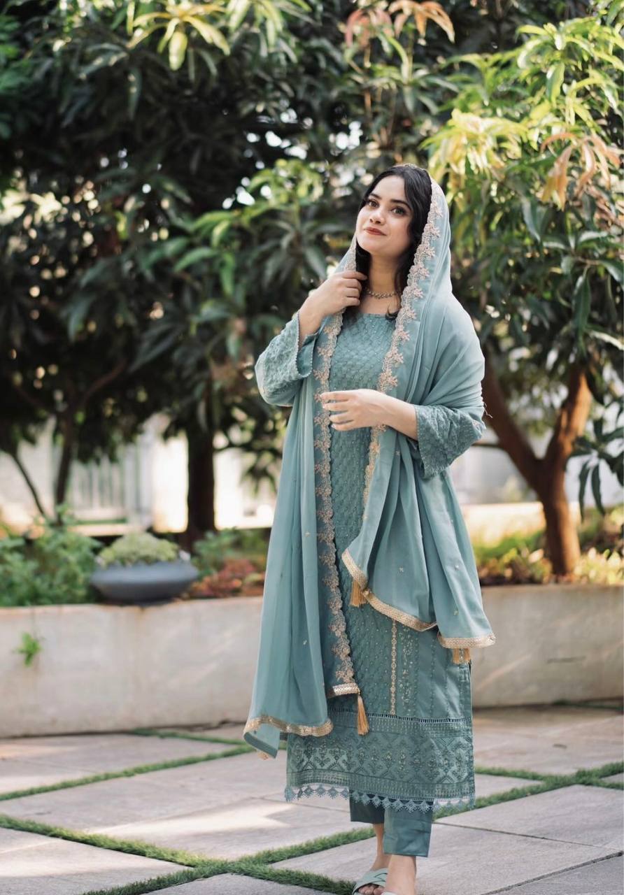Teeya Creation Teal Color Faux Georgette Heavy Embroidery Work Fully Stitched Salwar Suit