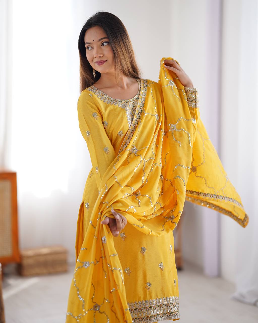 Teeya Creation Yellow Color Chinnon Silk Heavy Embroidery Work Fully Stitched Salwar Suit