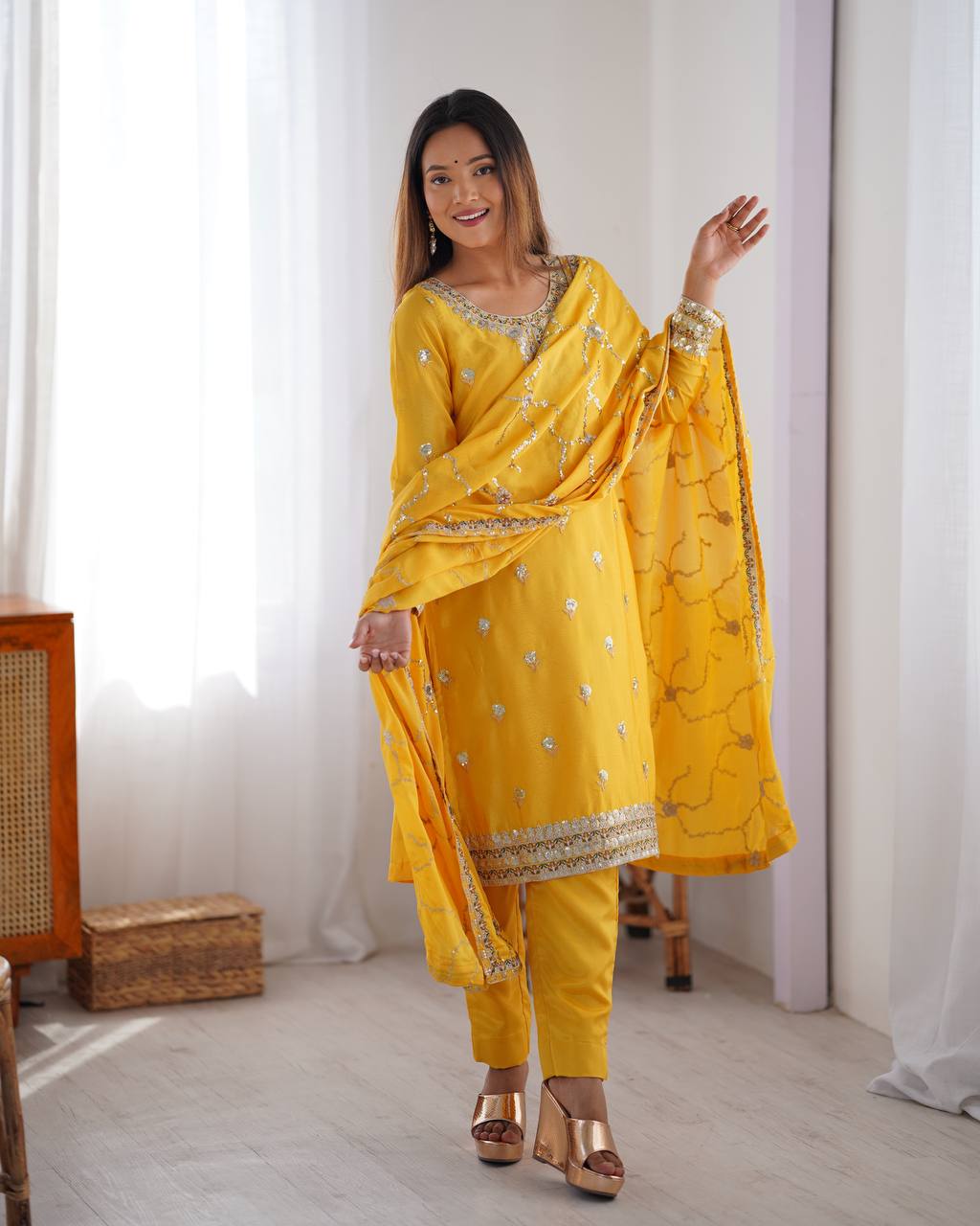 Teeya Creation Yellow Color Chinnon Silk Heavy Embroidery Work Fully Stitched Salwar Suit