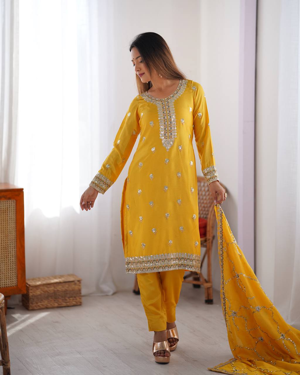 Teeya Creation Yellow Color Chinnon Silk Heavy Embroidery Work Fully Stitched Salwar Suit