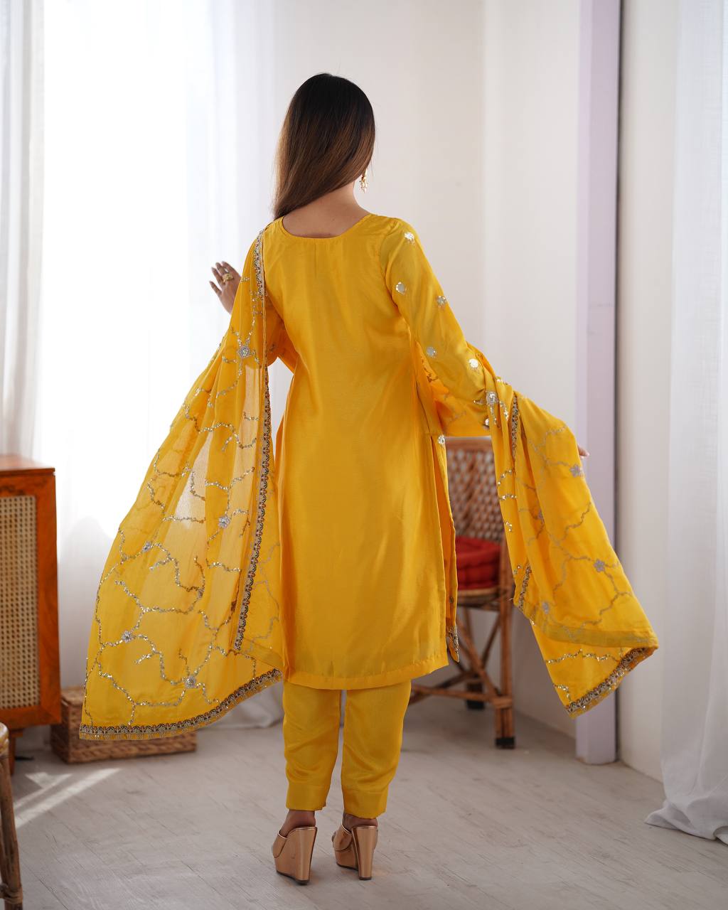 Teeya Creation Yellow Color Chinnon Silk Heavy Embroidery Work Fully Stitched Salwar Suit