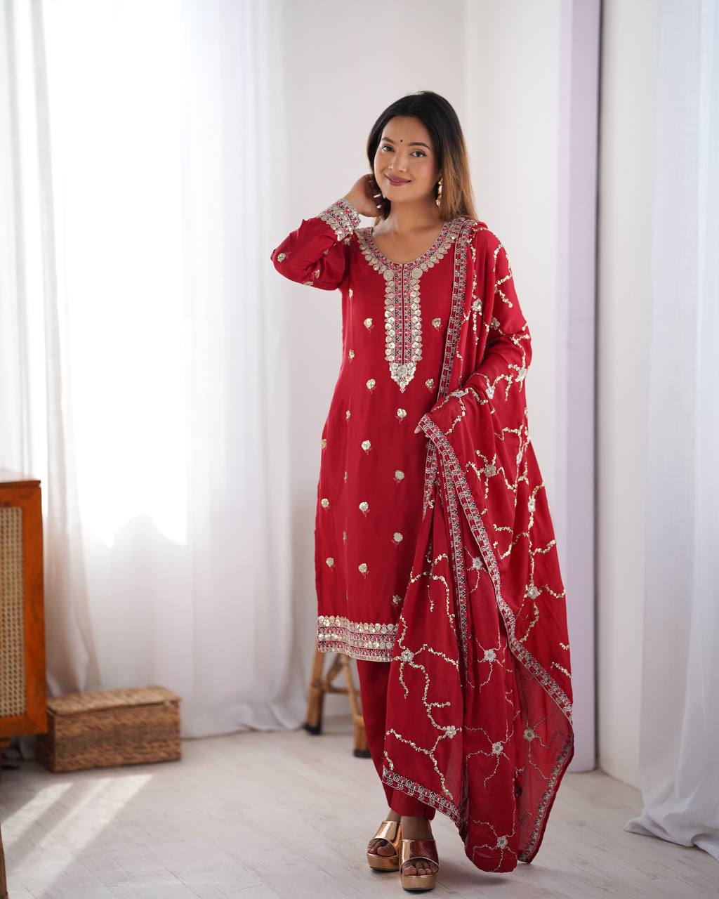 Teeya Creation Red Color Chinnon Silk Heavy Embroidery Work Fully Stitched Salwar Suit