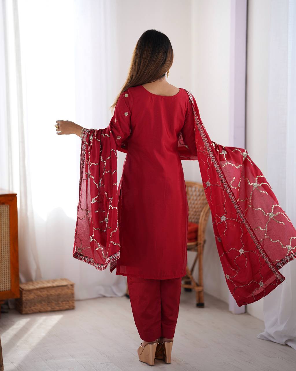 Teeya Creation Red Color Chinnon Silk Heavy Embroidery Work Fully Stitched Salwar Suit