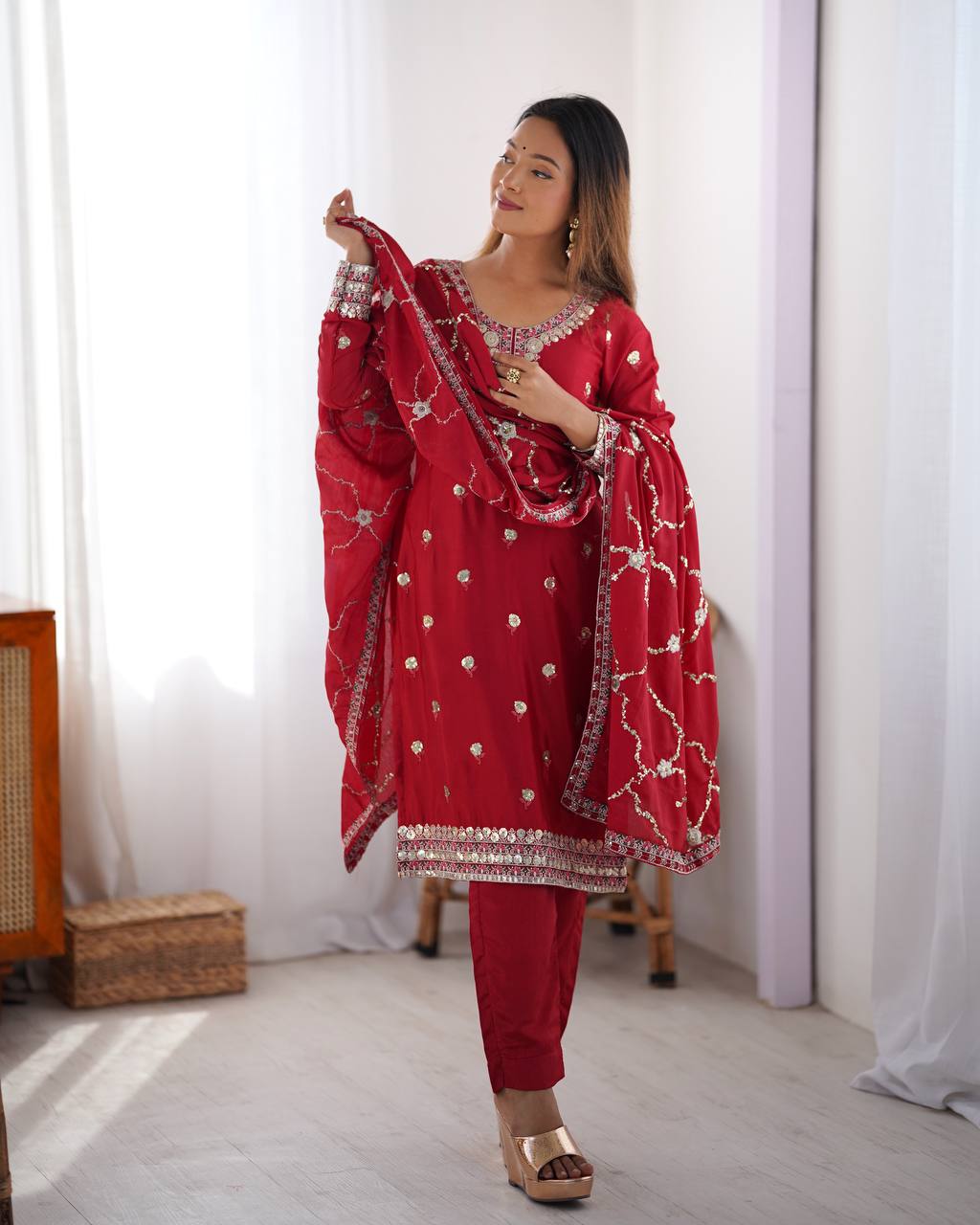 Teeya Creation Red Color Chinnon Silk Heavy Embroidery Work Fully Stitched Salwar Suit