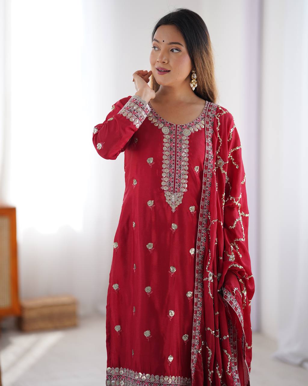 Teeya Creation Red Color Chinnon Silk Heavy Embroidery Work Fully Stitched Salwar Suit