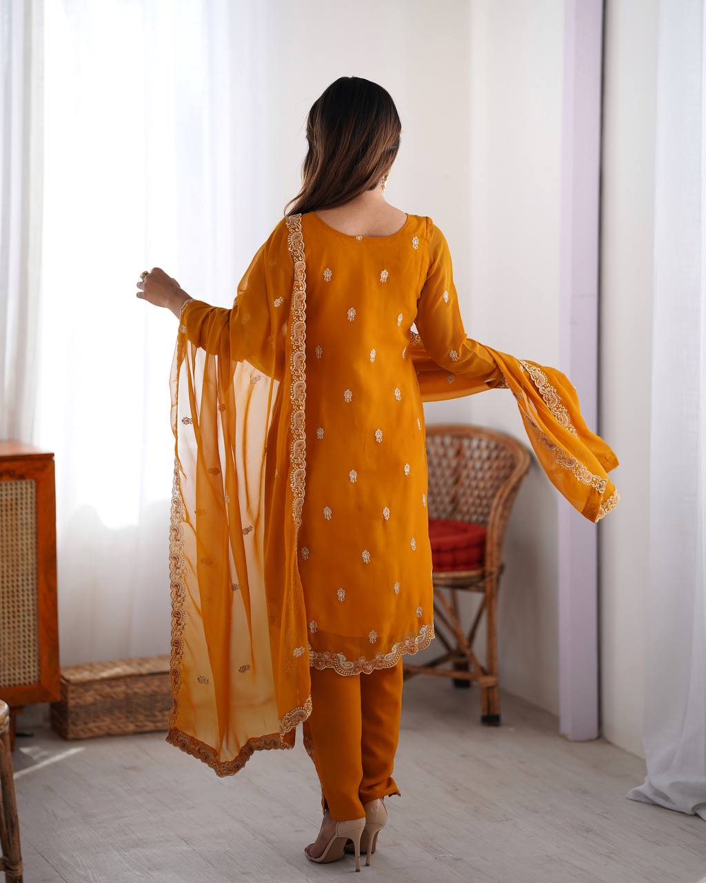 Teeya Creation Mustard Color Faux Georgette Heavy Embroidery Work Fully Stitched Salwar Suit