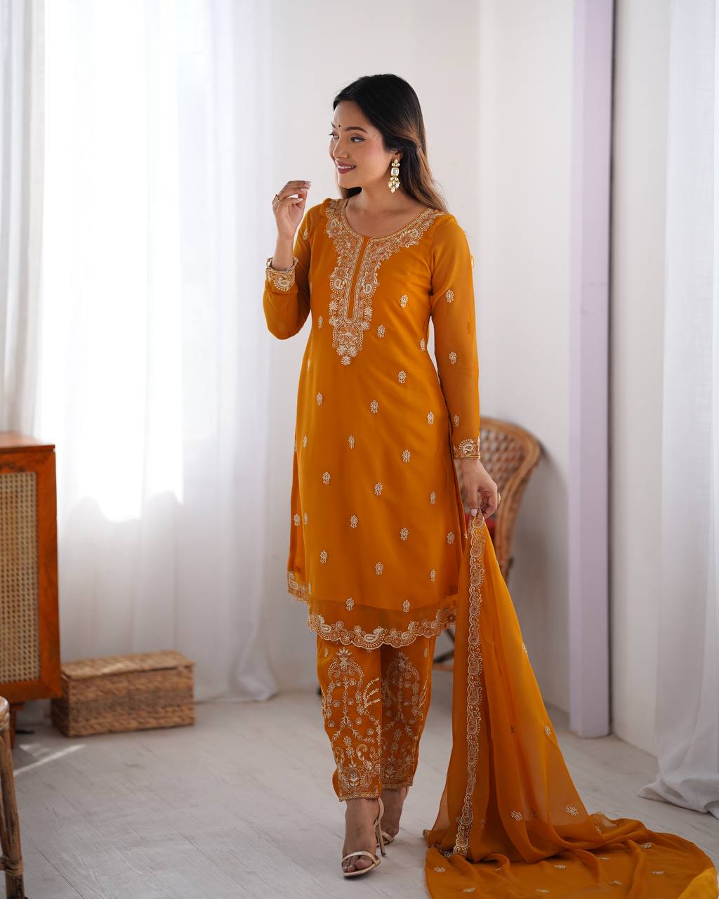 Teeya Creation Mustard Color Faux Georgette Heavy Embroidery Work Fully Stitched Salwar Suit