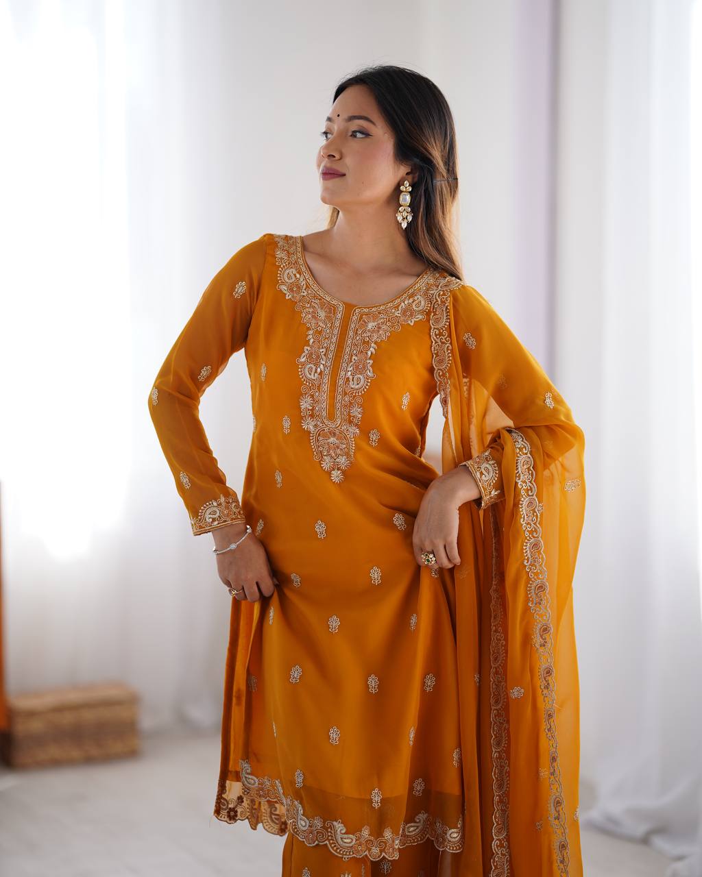 Teeya Creation Mustard Color Faux Georgette Heavy Embroidery Work Fully Stitched Salwar Suit