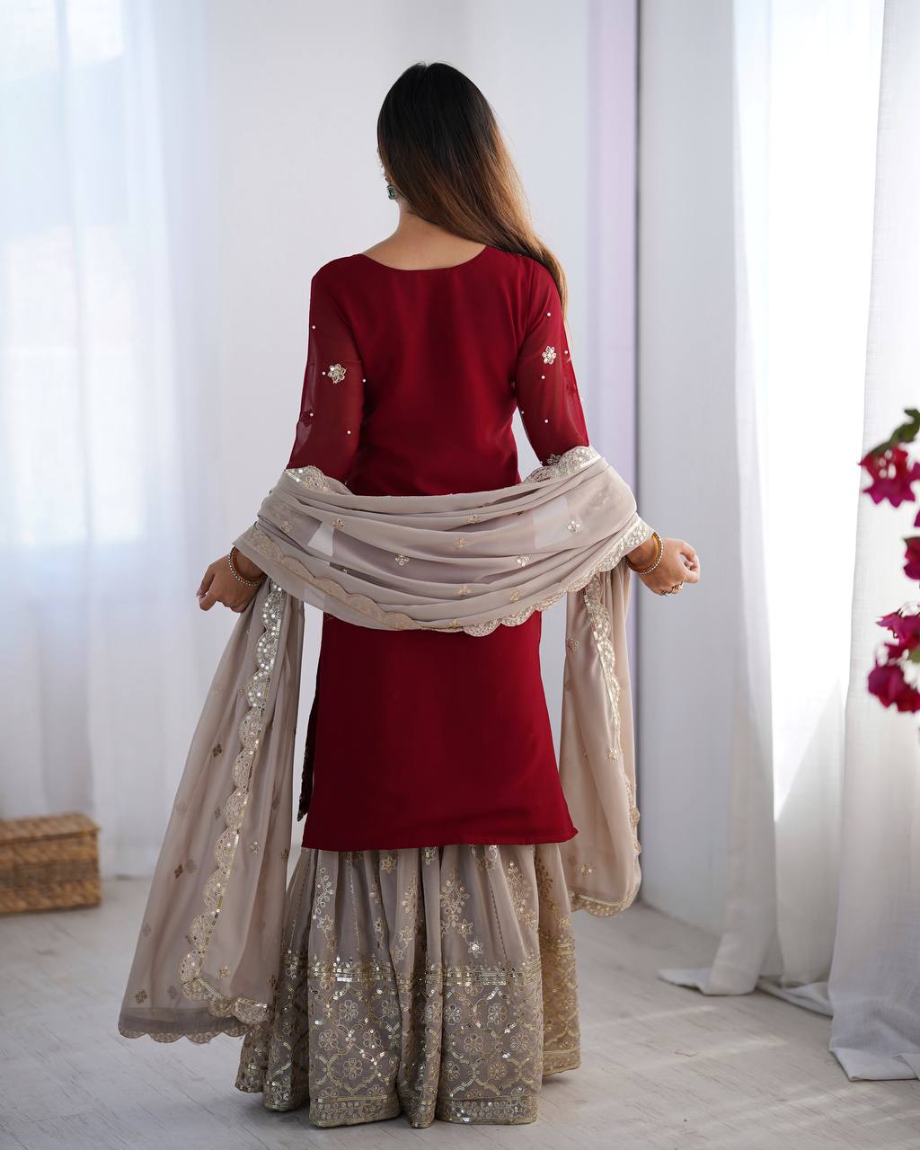 Teeya Creation Red Color Faux Georgette Embroidery Work Fully Stitched Salwar Suit
