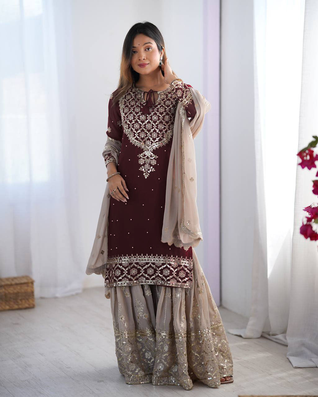 Teeya Creation Maroon Color Faux Georgette Embroidery Work Fully Stitched Salwar Suit