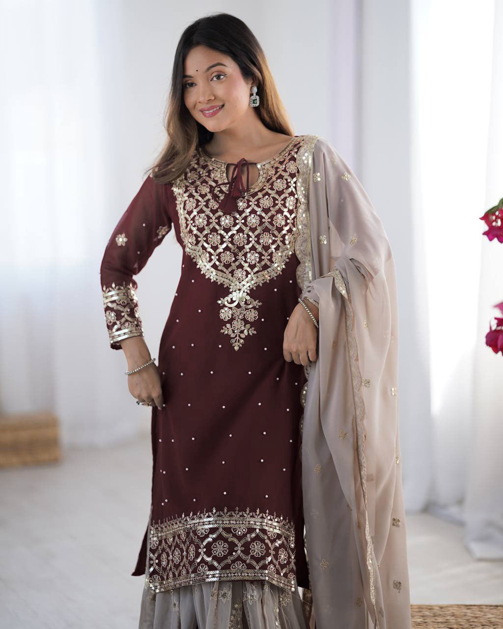 Teeya Creation Maroon Color Faux Georgette Embroidery Work Fully Stitched Salwar Suit