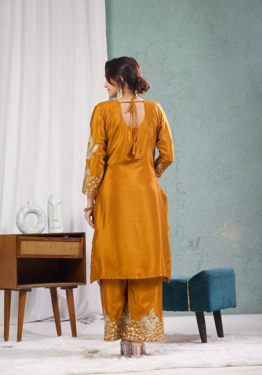 Teeya Creation Yellow Color Chinnon Silk Embroidery Work Fully Stitched Plazo Pair