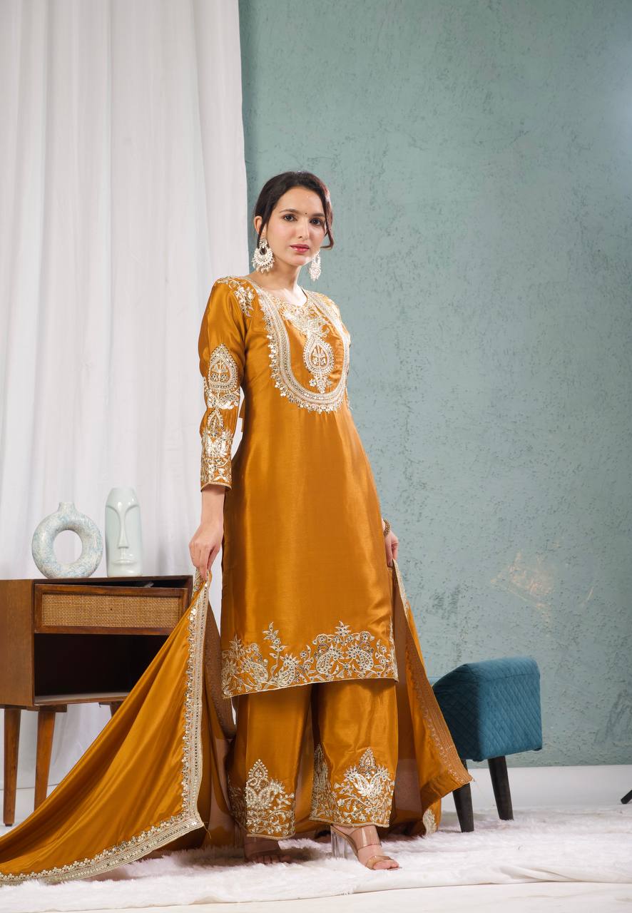 Teeya Creation Yellow Color Chinnon Silk Embroidery Work Fully Stitched Plazo Pair