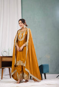 Teeya Creation Yellow Color Chinnon Silk Embroidery Work Fully Stitched Plazo Pair