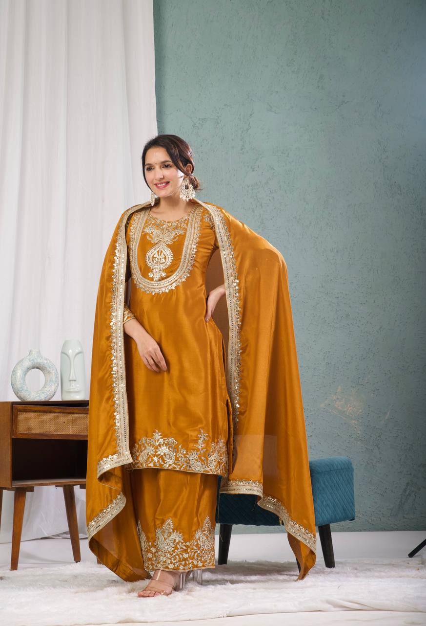 Teeya Creation Yellow Color Chinnon Silk Embroidery Work Fully Stitched Plazo Pair