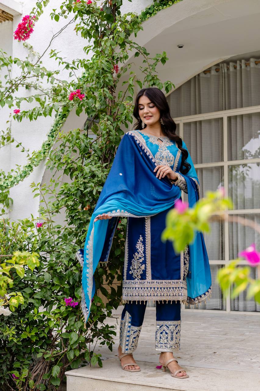 Teeya Creation Multi Color Star Georgette Embroidery Work Fully Stitched Salwar Suit