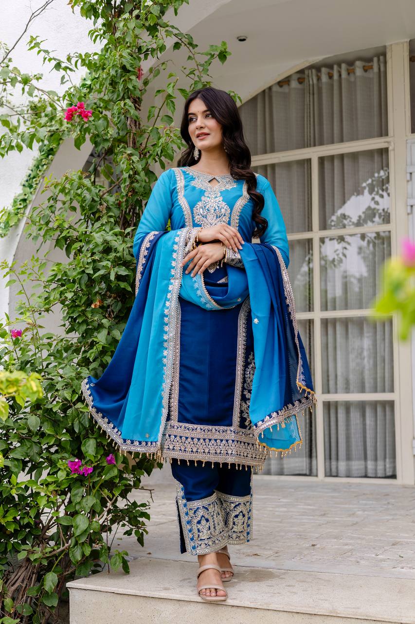 Teeya Creation Multi Color Star Georgette Embroidery Work Fully Stitched Salwar Suit