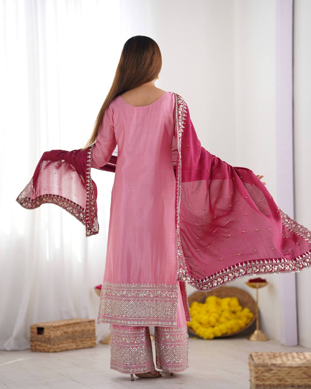 Teeya Creation Baby Pink Color Chinnon Silk Embroidery Work Fully Stitched Salwar Suit