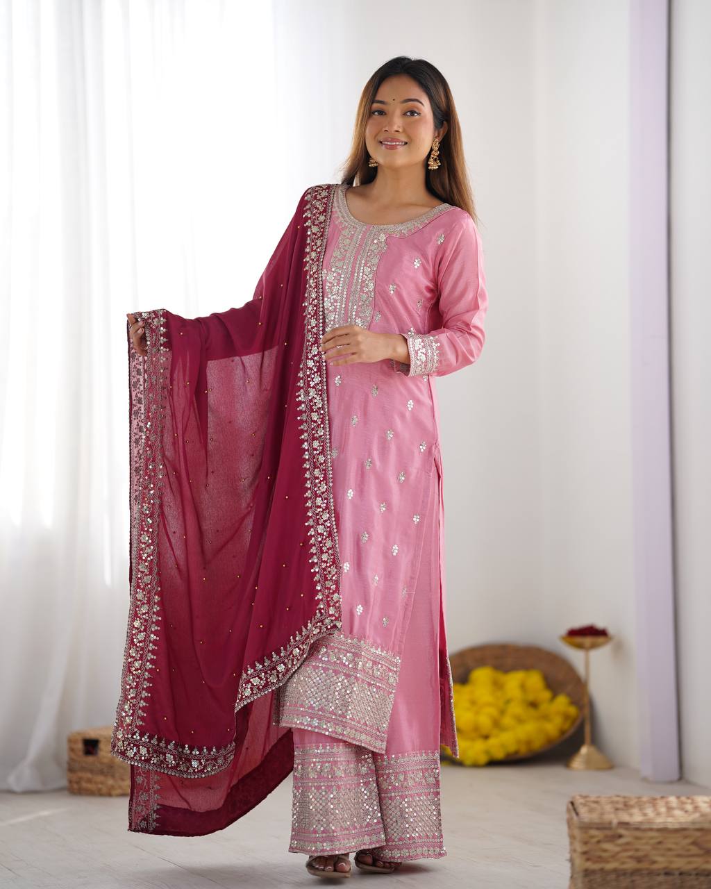 Teeya Creation Baby Pink Color Chinnon Silk Embroidery Work Fully Stitched Salwar Suit