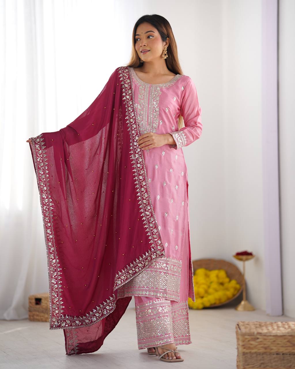 Teeya Creation Baby Pink Color Chinnon Silk Embroidery Work Fully Stitched Salwar Suit