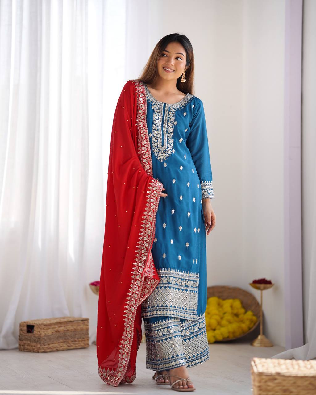 Teeya Creation Blue Color Chinnon Silk Embroidery Work Fully Stitched Salwar Suit