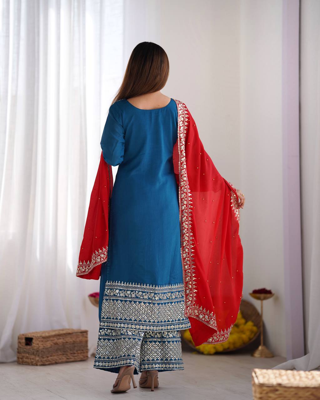 Teeya Creation Blue Color Chinnon Silk Embroidery Work Fully Stitched Salwar Suit