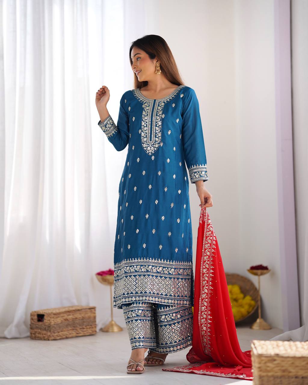 Teeya Creation Blue Color Chinnon Silk Embroidery Work Fully Stitched Salwar Suit