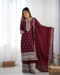 Teeya Creation Maroon Color Chinnon Silk Embroidery Work Fully Stitched Salwar Suit