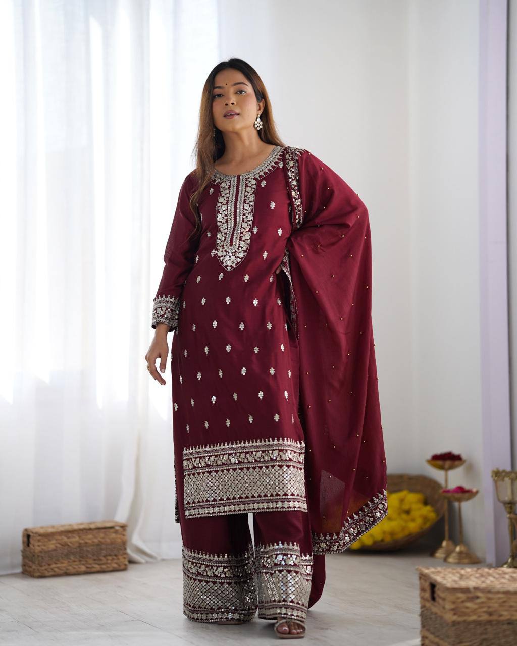 Teeya Creation Maroon Color Chinnon Silk Embroidery Work Fully Stitched Salwar Suit