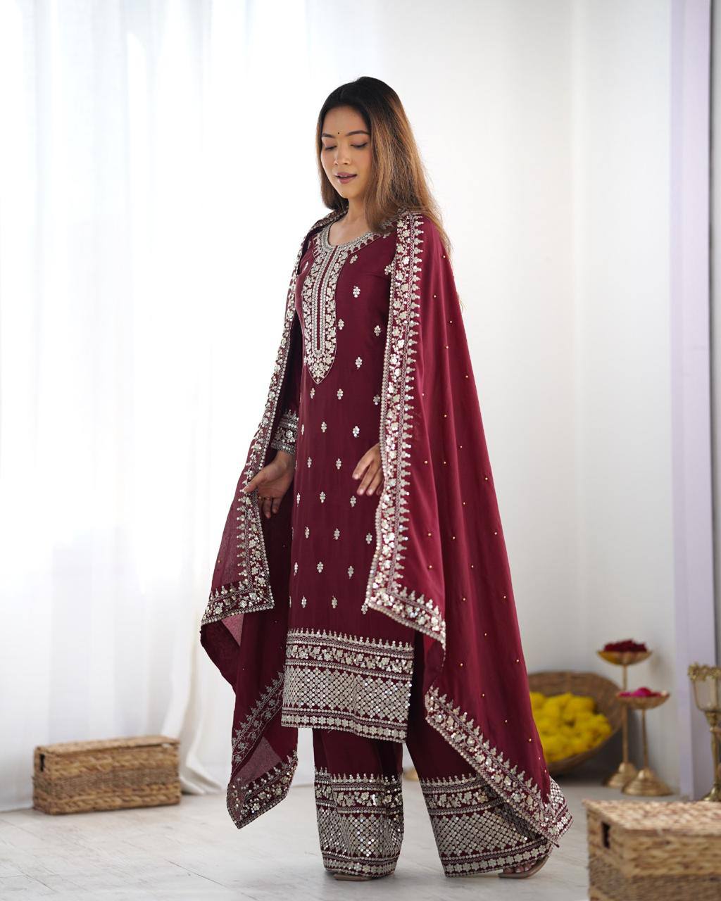 Teeya Creation Maroon Color Chinnon Silk Embroidery Work Fully Stitched Salwar Suit
