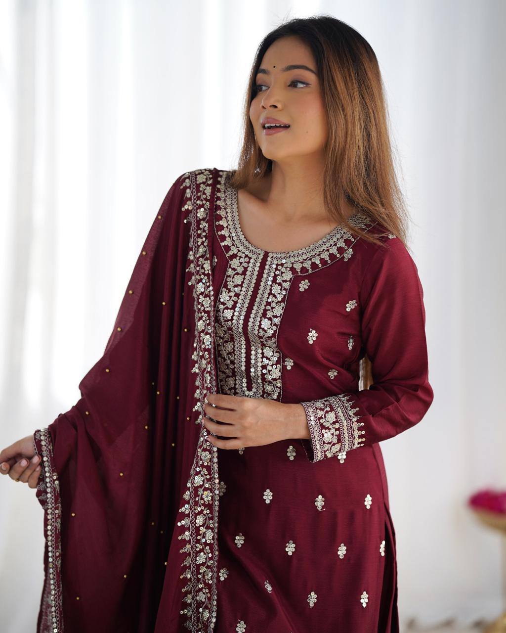 Teeya Creation Maroon Color Chinnon Silk Embroidery Work Fully Stitched Salwar Suit