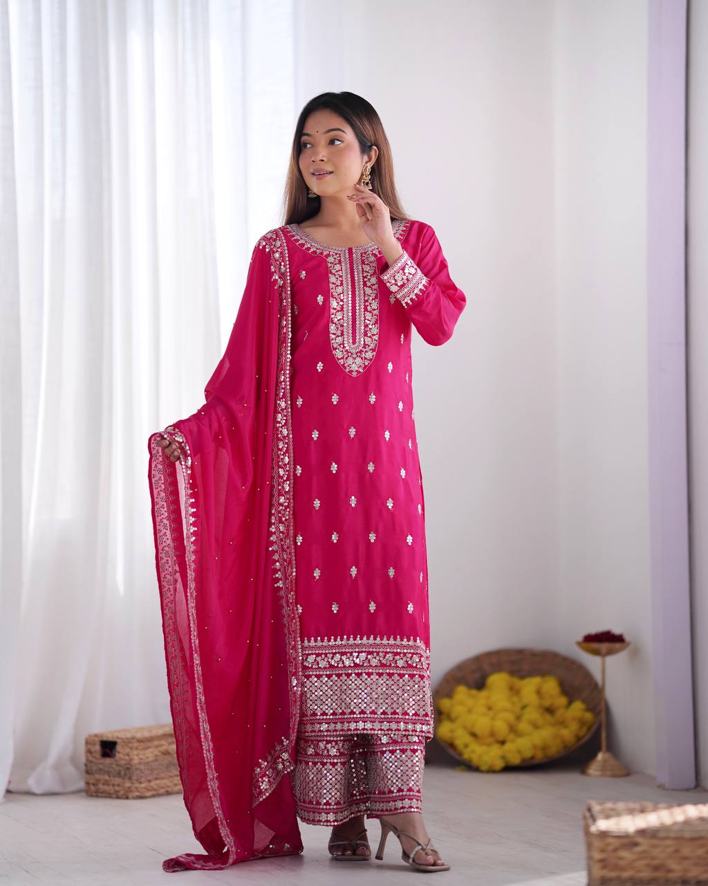 Teeya Creation Rani Color Chinnon Silk Embroidery Work Fully Stitched Salwar Suit