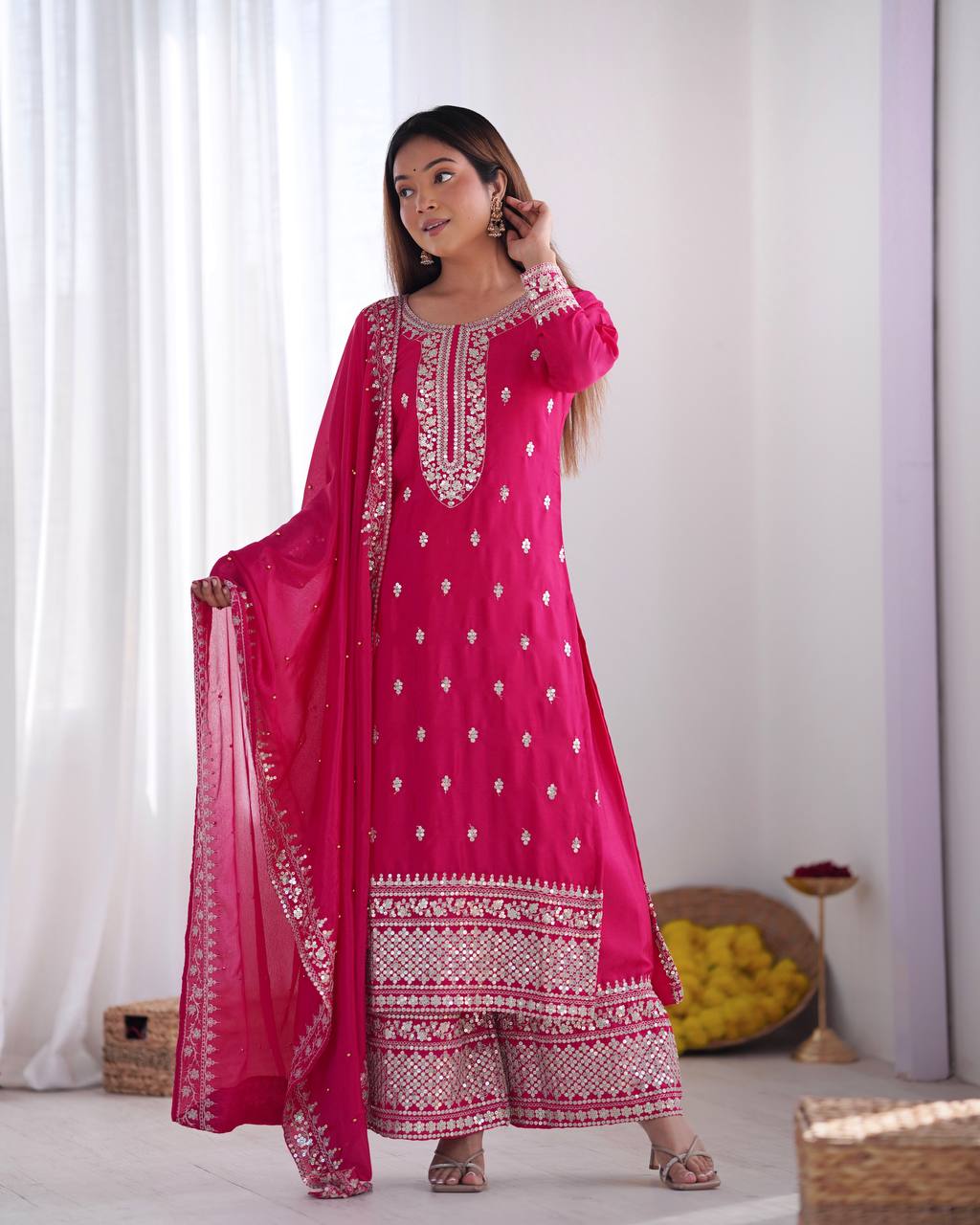 Teeya Creation Rani Color Chinnon Silk Embroidery Work Fully Stitched Salwar Suit