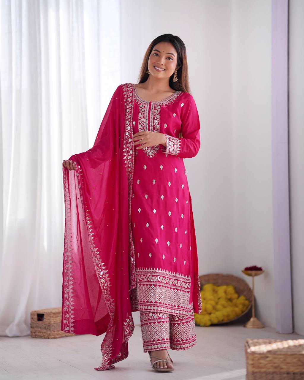 Teeya Creation Rani Color Chinnon Silk Embroidery Work Fully Stitched Salwar Suit