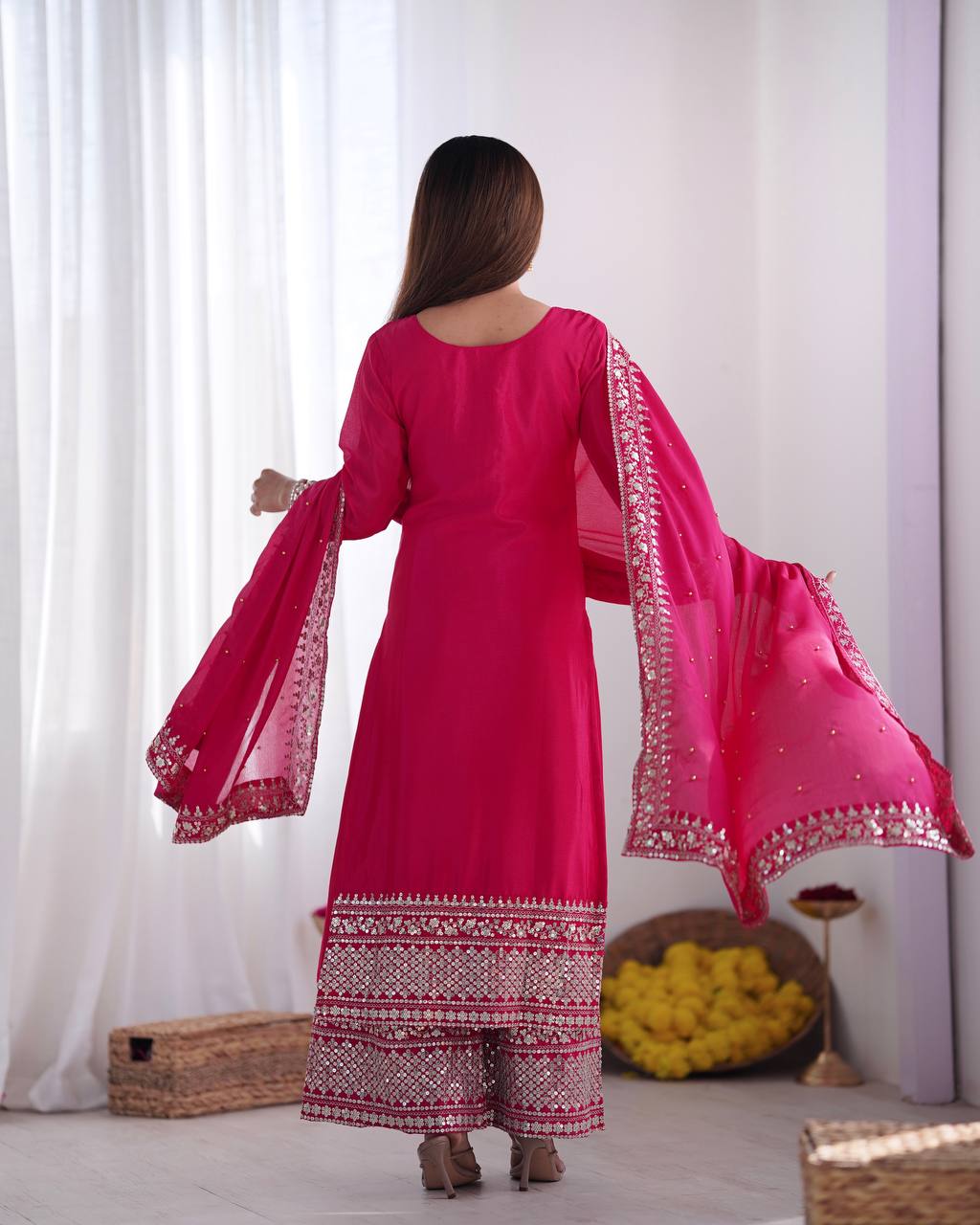 Teeya Creation Rani Color Chinnon Silk Embroidery Work Fully Stitched Salwar Suit