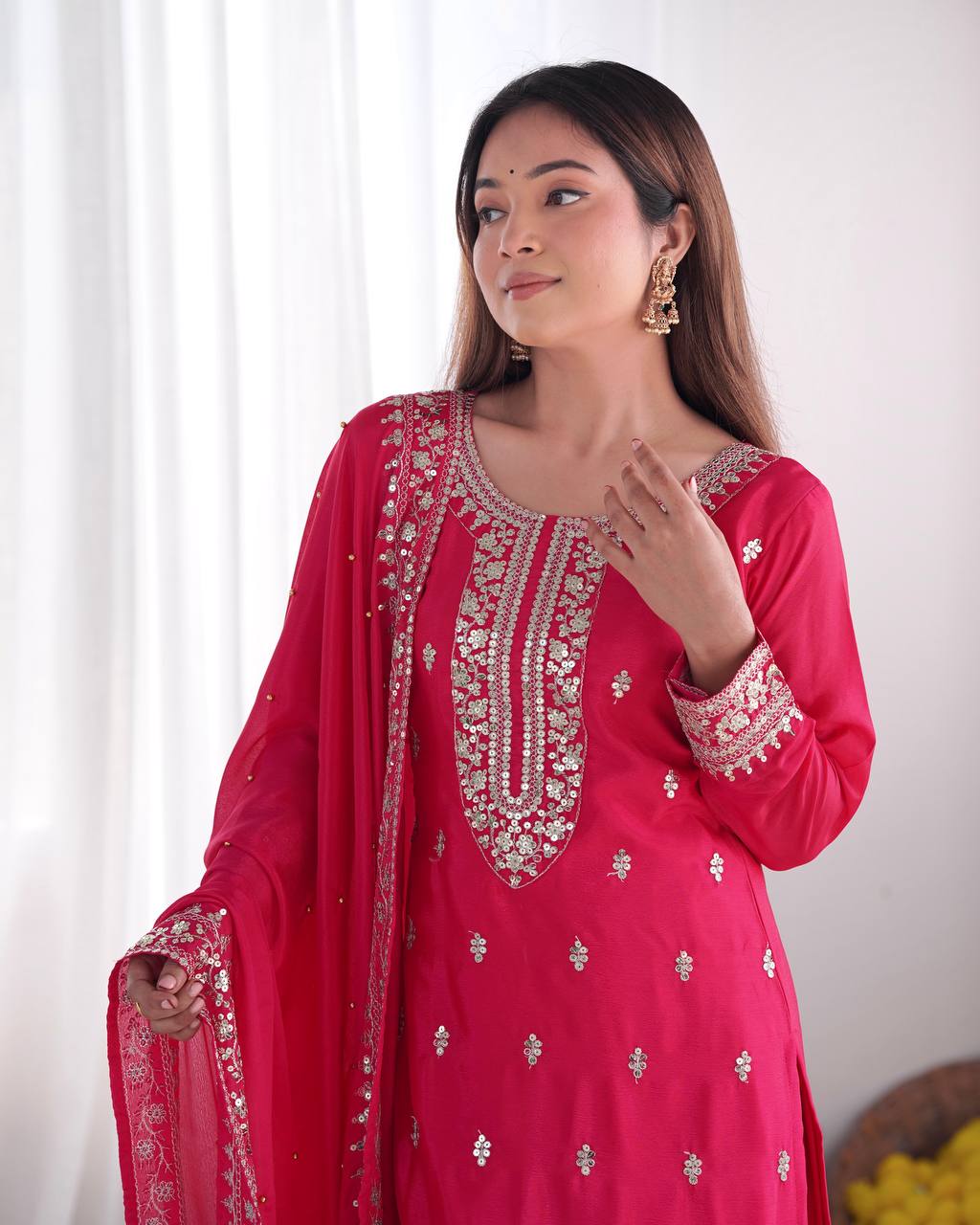 Teeya Creation Rani Color Chinnon Silk Embroidery Work Fully Stitched Salwar Suit