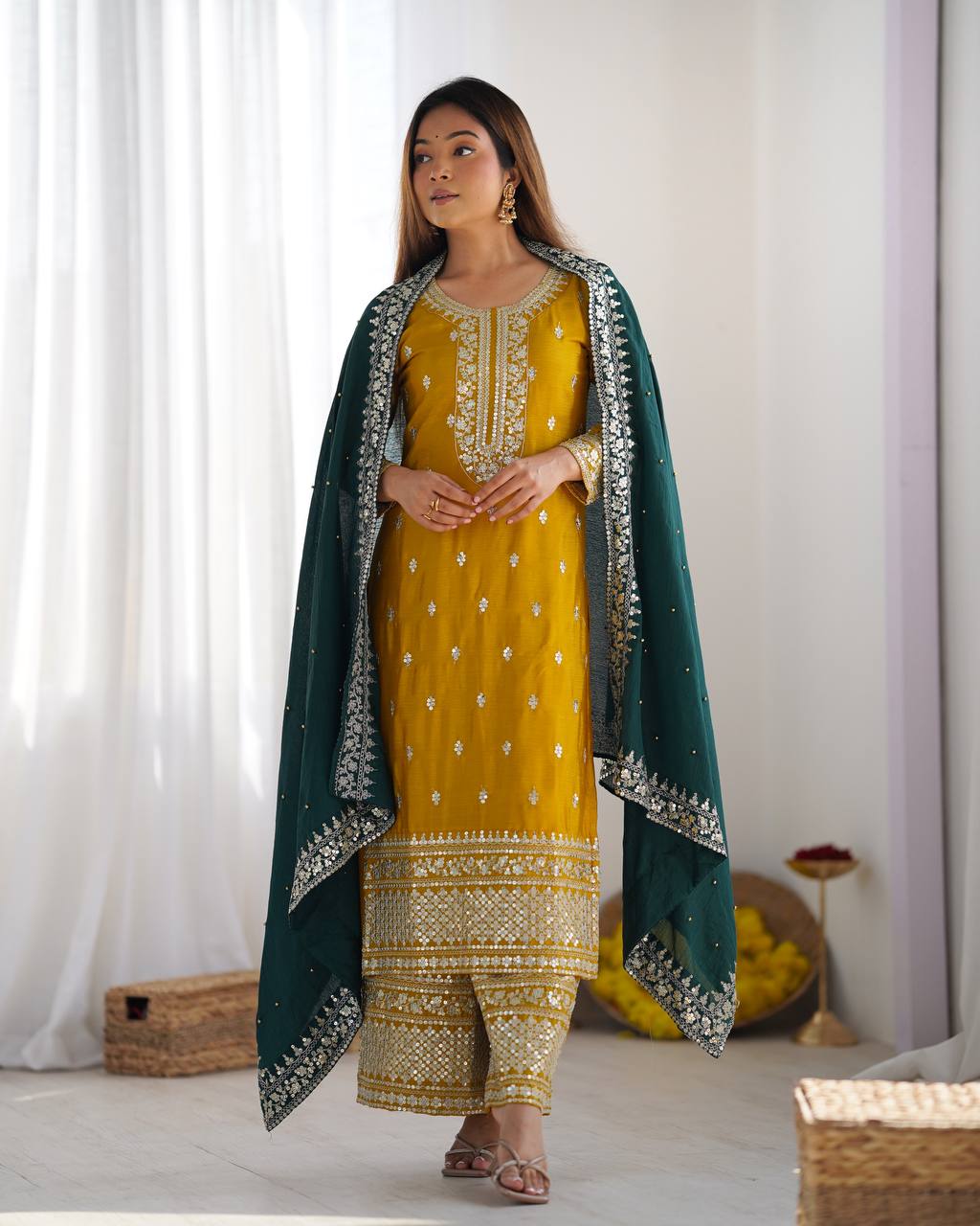 Teeya Creation Yellow Color Chinnon Silk Embroidery Work Fully Stitched Salwar Suit