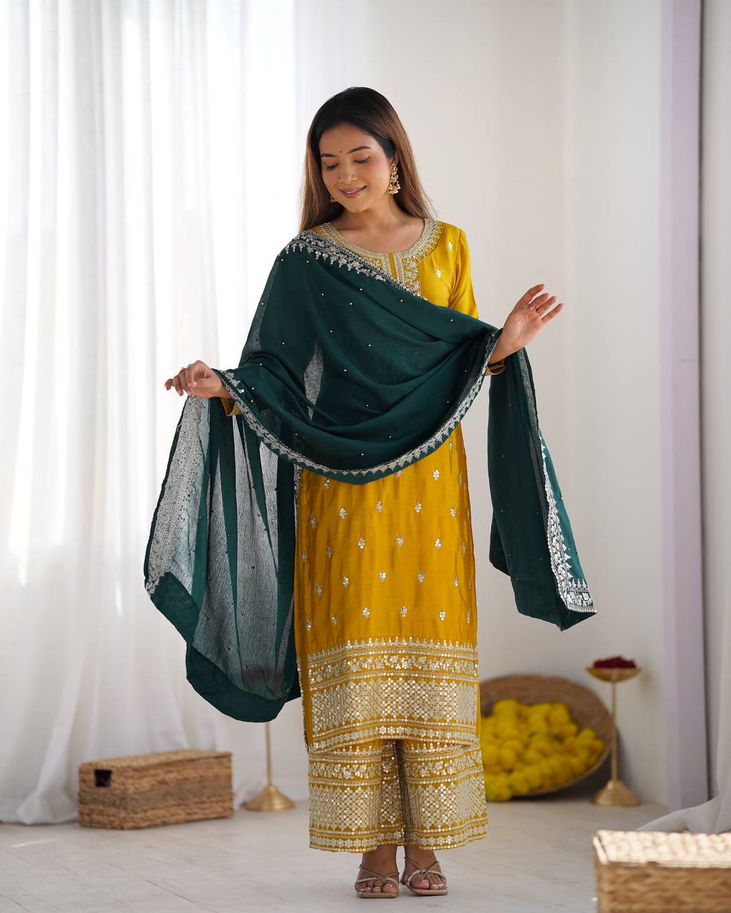 Teeya Creation Yellow Color Chinnon Silk Embroidery Work Fully Stitched Salwar Suit