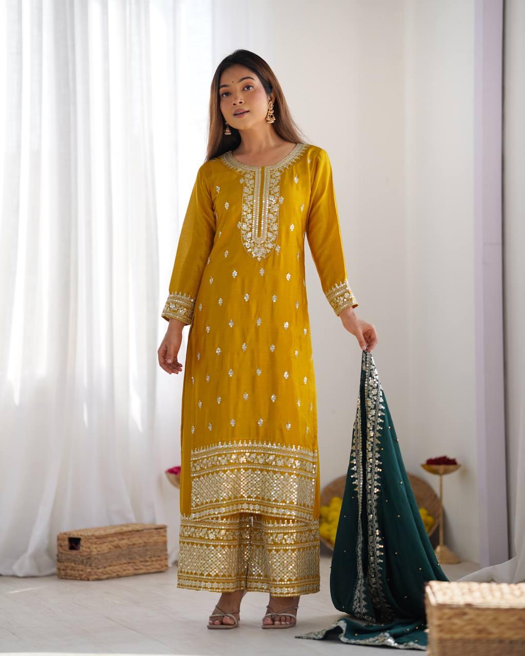 Teeya Creation Yellow Color Chinnon Silk Embroidery Work Fully Stitched Salwar Suit