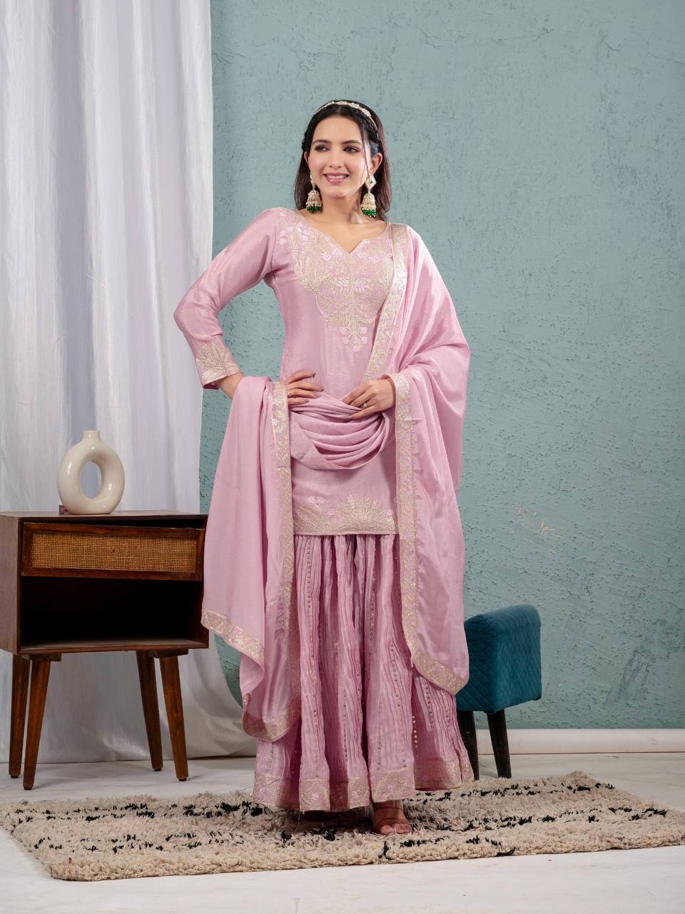 Teeya Creation Baby Pink Color Chinnon Silk Embroidery Work Fully Stitched Salwar Suit