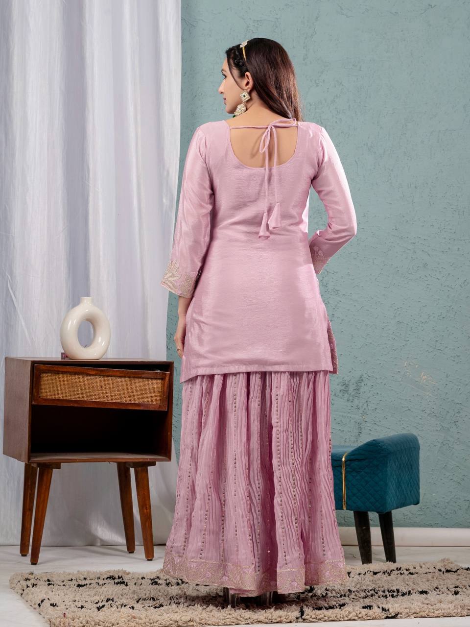Teeya Creation Baby Pink Color Chinnon Silk Embroidery Work Fully Stitched Salwar Suit