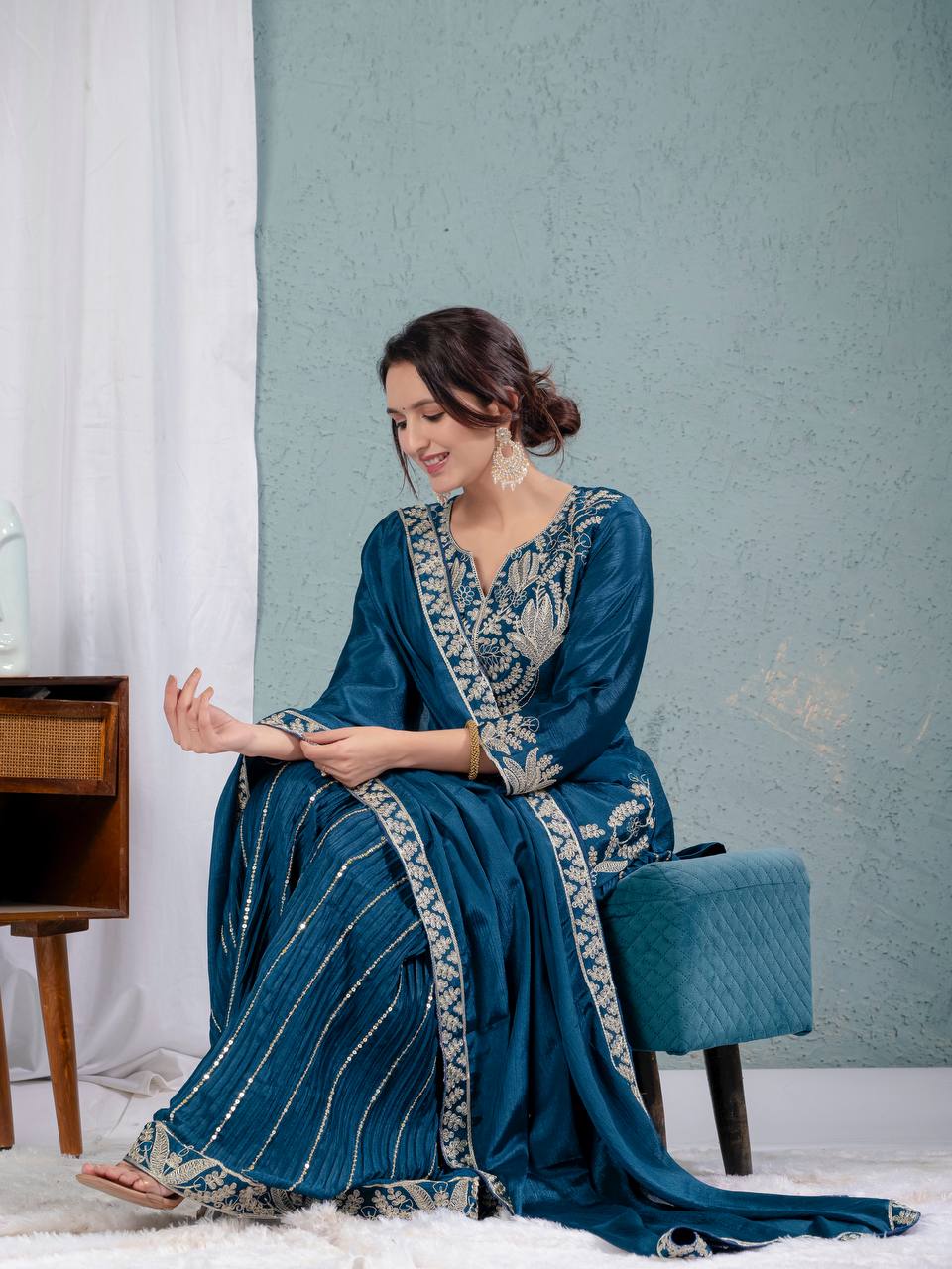 Teeya Creation Blue Color Chinnon Silk Embroidery Work Fully Stitched Salwar Suit